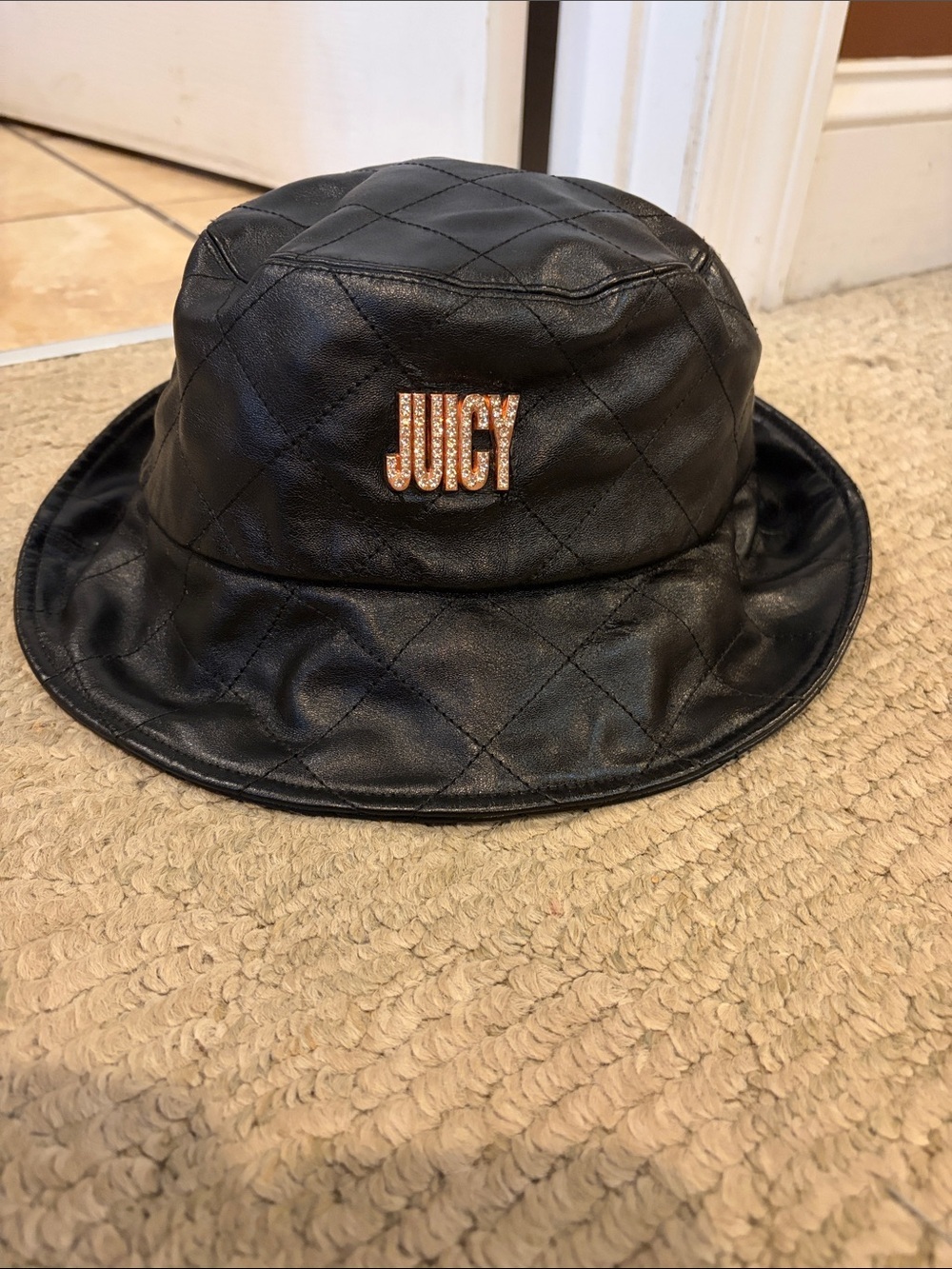Juicy Couture Black Quilted Faux Leather Bucket Hat with Crystal JUICY Emblem